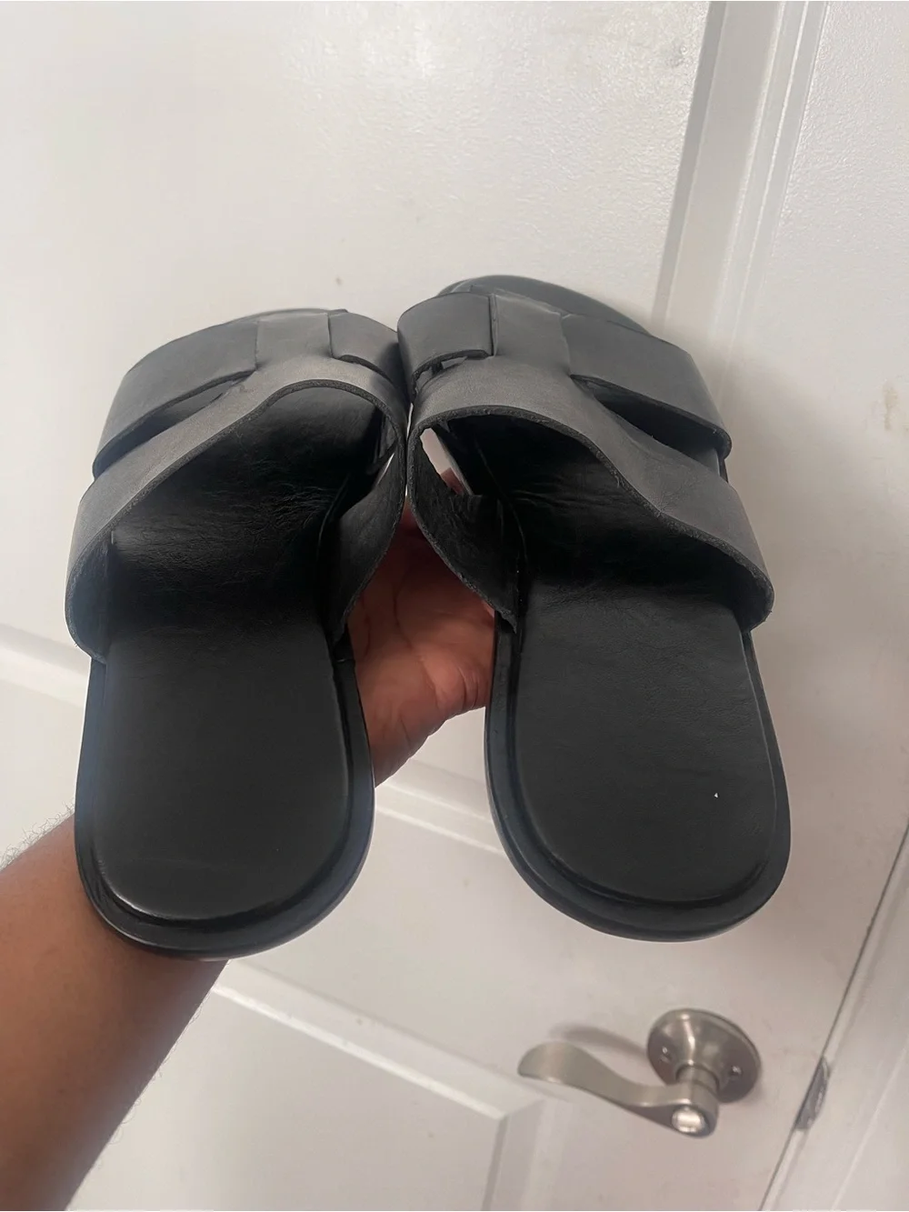 Brand New Men’s Black Leather Slide Sandals Sz 11
